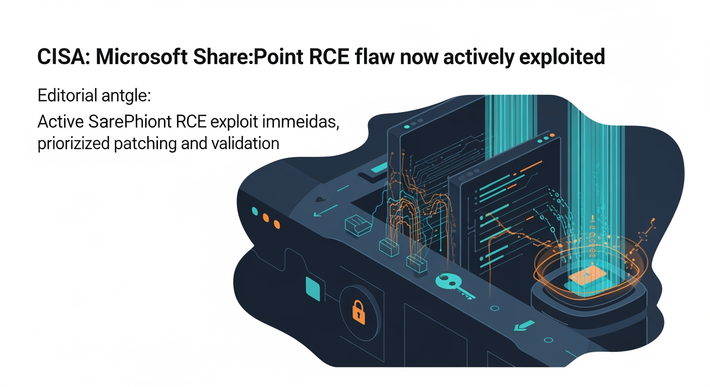 Abstract cyber defense illustration for CISA: Microsoft SharePoint RCE flaw now actively exploited