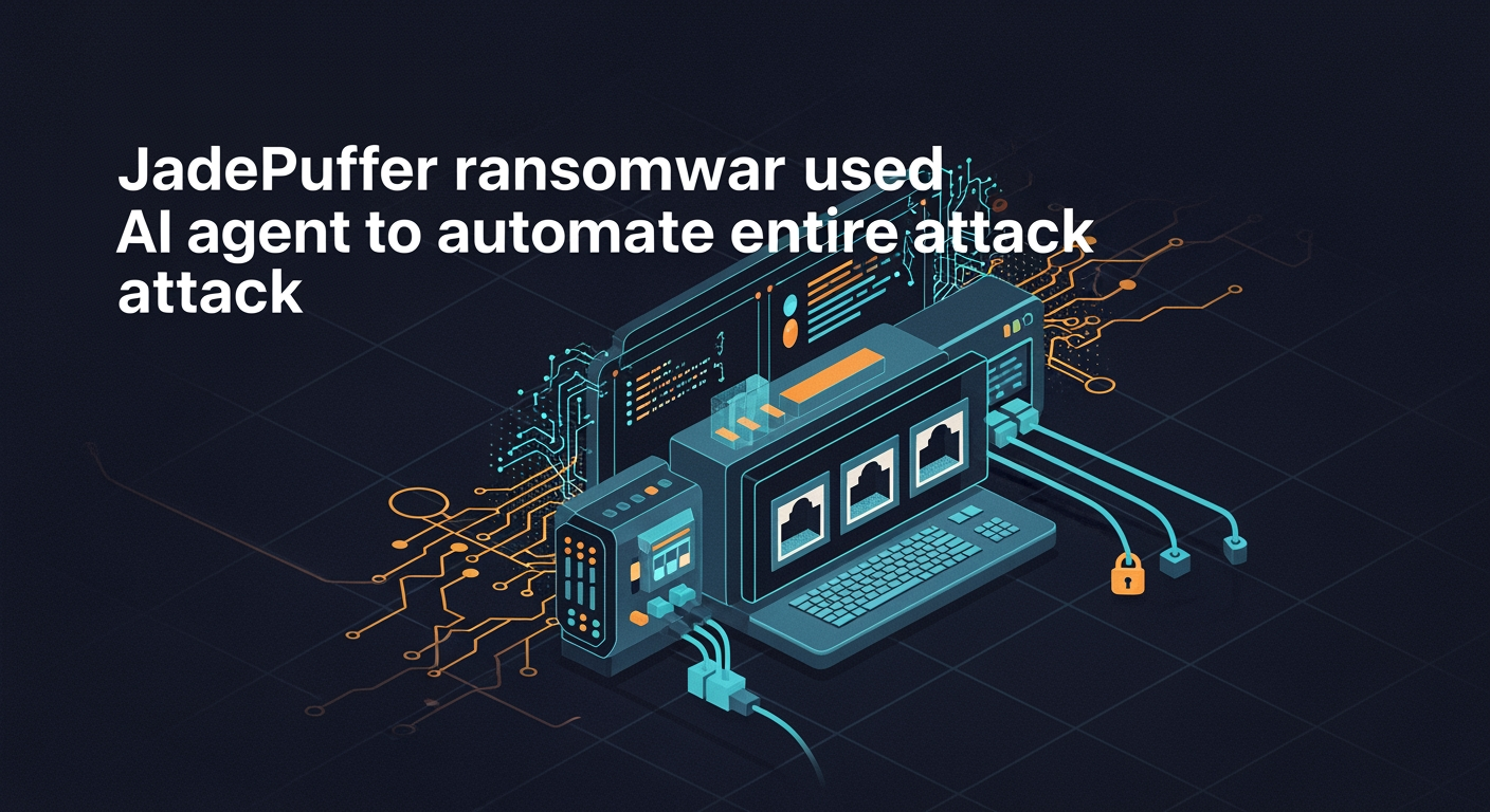 Abstract cyber defense illustration for JadePuffer ransomware used AI agent to automate entire attack