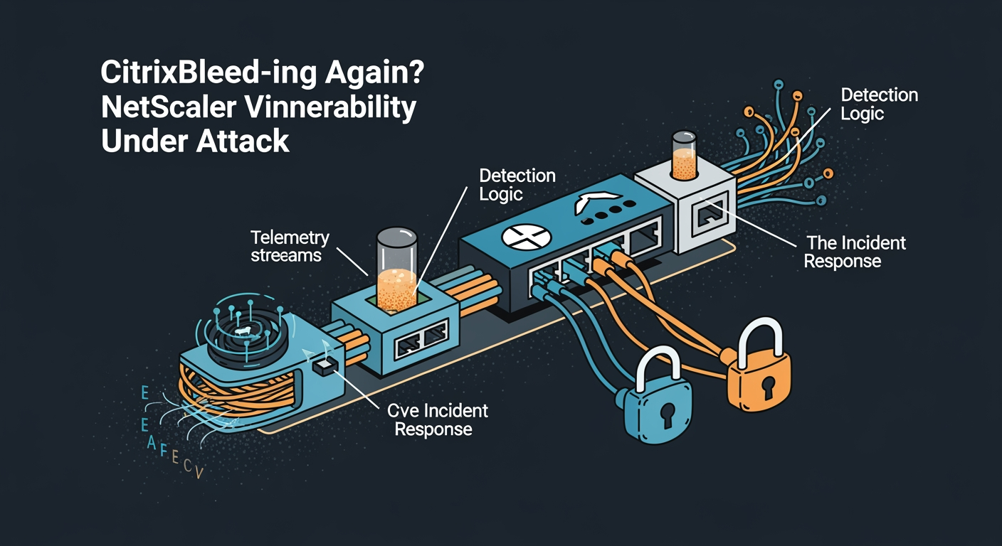 Abstract cyber defense illustration for CitrixBleed-ing Again? NetScaler Vulnerability Under Attack