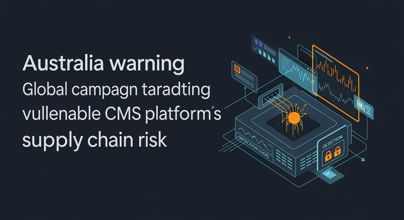 Abstract cyber defense illustration for Australia warns of global campaign targeting vulnerable CMS platforms