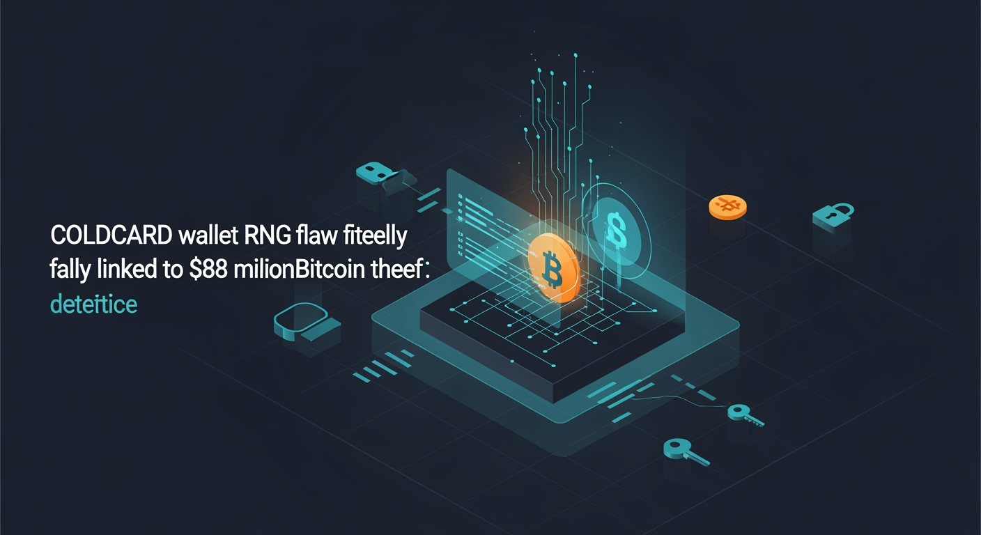Abstract cyber defense illustration for COLDCARD wallet RNG flaw likely linked to $88 million Bitcoin theft