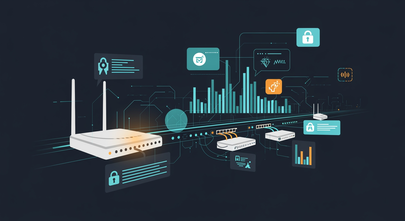 Abstract cyber defense illustration for New Evooo1Bot Linux botnet turns routers into traffic relay nodes