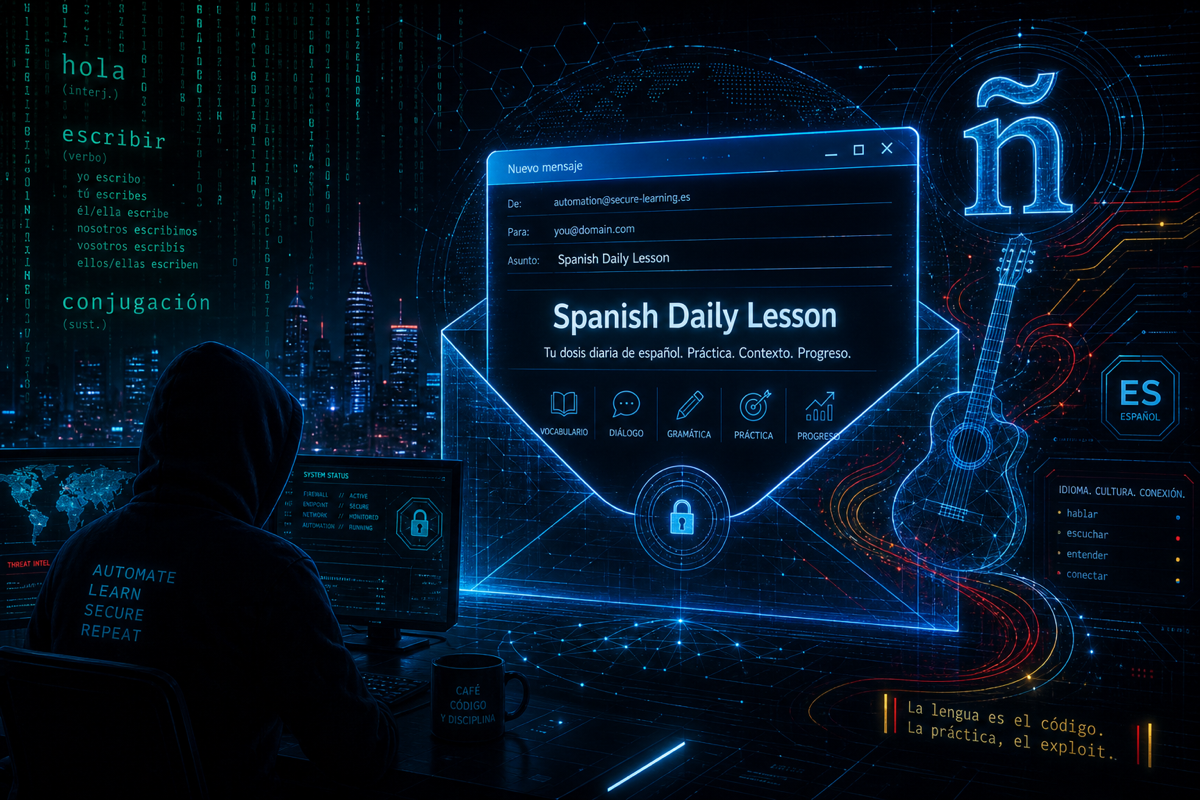 Cyber-style hero art blending Spanish language motifs with automated lesson delivery
