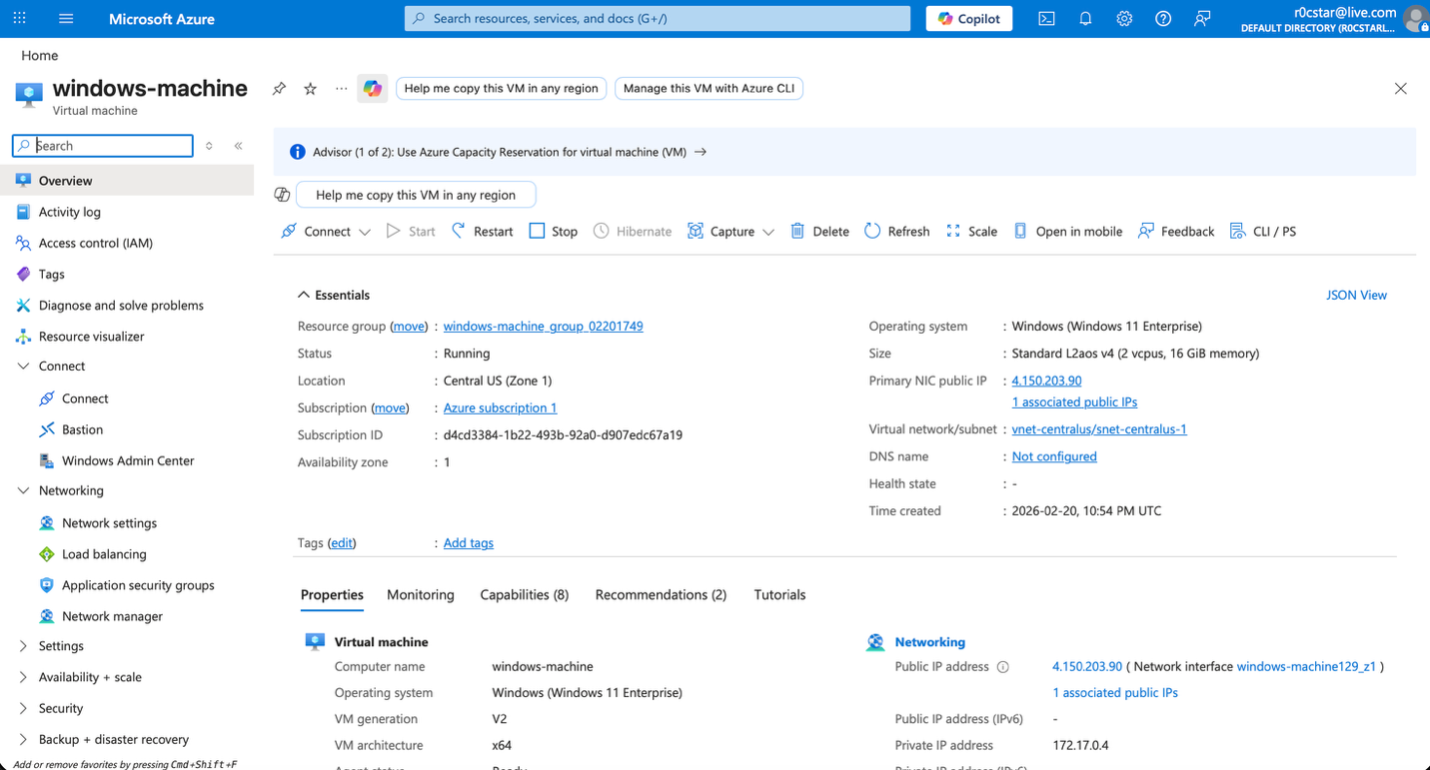 Azure Windows VM deployed in Central US