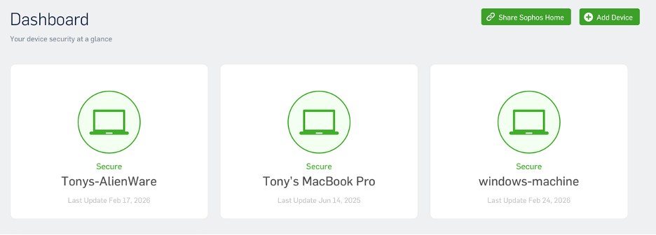 Sophos cloud dashboard showing device as Secure