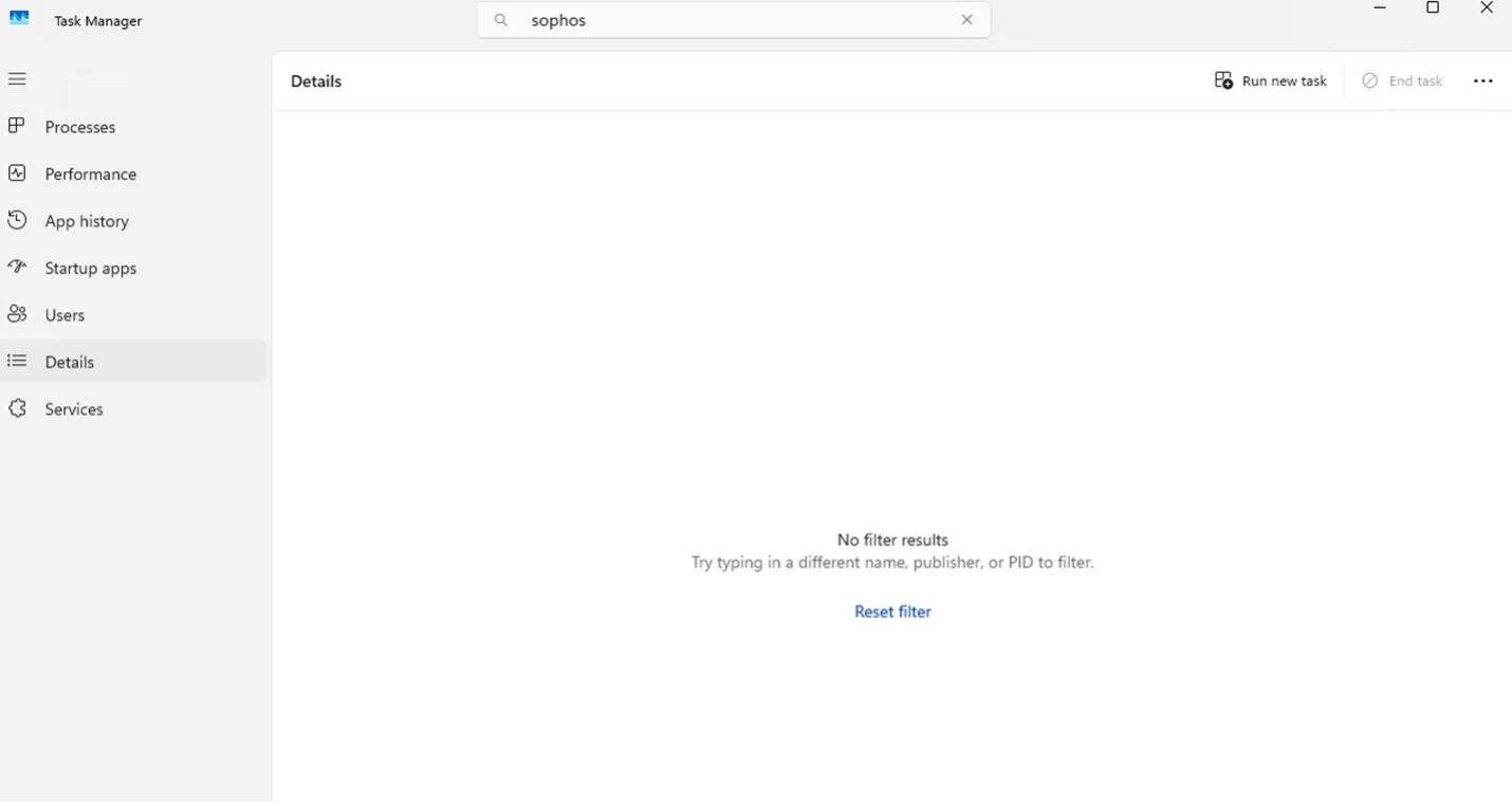 Task Manager after BYOVD—no Sophos processes remain